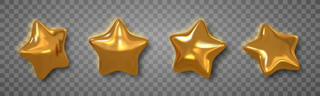 Golden 3D Stars With Glossy Shine And Realistic Metallic Texture On Transparent Background. Elegant Luxury Decoration For Celebration, Award, Or Holiday Design. Vector Illustration.のイラスト素材