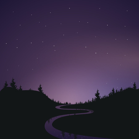 Landscape the starry night sky banner. The silhouette of the forest. The reflection of the stars in the river. The view from the Earth on a beautiful space.のイラスト素材