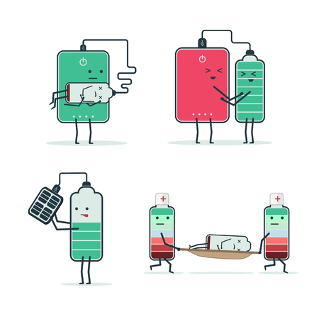 set of isolated icons of cartoon batteries and powerbank. Charging the battery. First aid. Low...