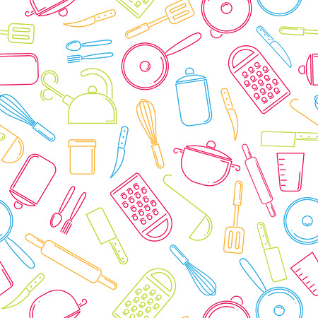 Seamless pattern of colorful kitchenware on white background. Set of kitchen tools.のイラスト素材