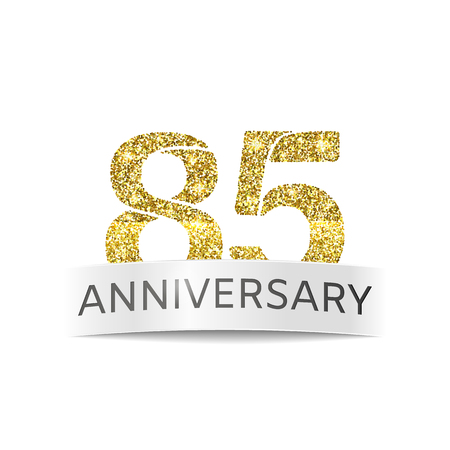 Eighty-five years anniversary. The banner of the 85th birthday golden glitter color on white backgroundのイラスト素材
