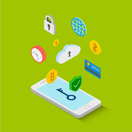 Data guard system on smartphone with graphs in isometric flat design style on colored background, vector illustrationのイラスト素材