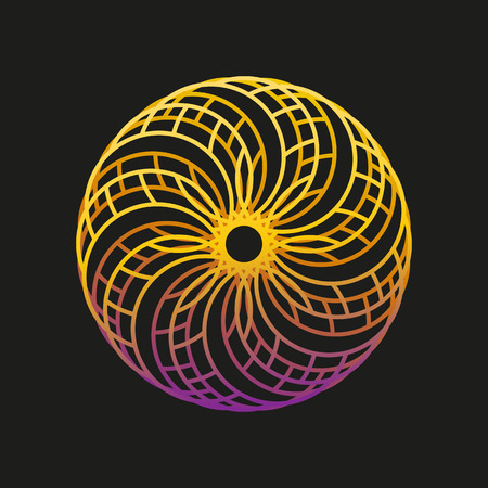 Vector abstract logo design template of sun and summer holidays symbol, travel agency concept. Colorful mandala isolated element on black backgroundのイラスト素材