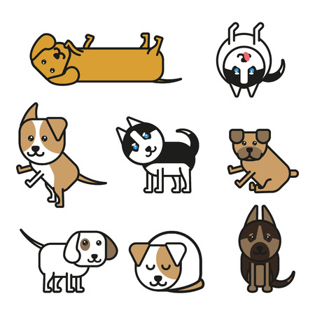 Set of isolated icons puppies of different breeds in the line art style vector illustrationのイラスト素材