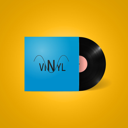 Vintage vinyl record in a blue paper case with logo. Retro vector illustration on yellow background.のイラスト素材