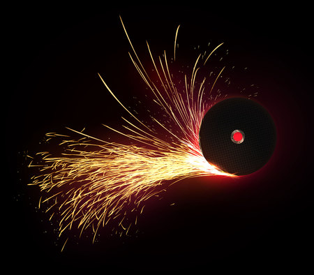 Isolated rotate abrasive disc with sparks on dark background. Technology and industrial illustration.のイラスト素材