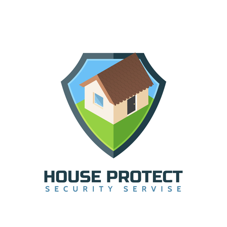 Home protection isolated logo template. Vector shield with isometric building on white backgroundのイラスト素材