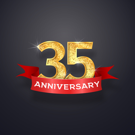 Thirty-five anniversary inscription template. 35th years celebrating golden numbers with red ribbon vector design elements.のイラスト素材