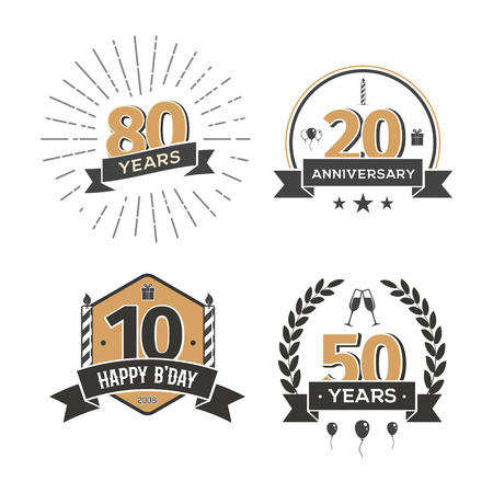 Collection of retro anniversary logo. Isolated vintage icons of holiday celebrating vector illustrationのイラスト素材