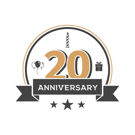 Twenty anniversary retro vector emblem on white background. 20th celebration happy birthday isolated icon templateの写真素材
