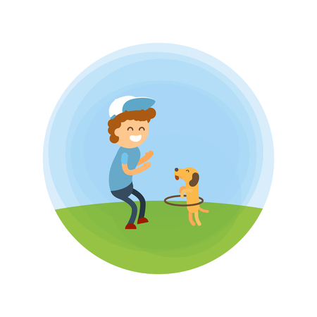 Little boy and puppy walking at park vector illustration. Training a small dog turns the hoop like a circus.のイラスト素材