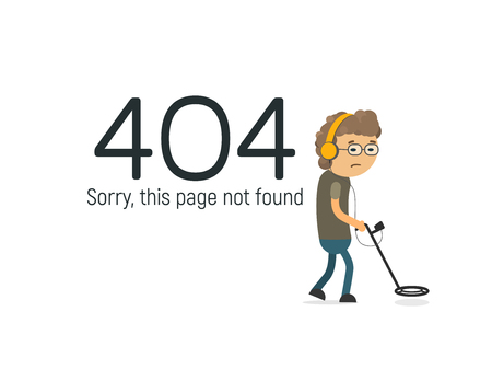 Funny design 404 page not found vector illustration. Geek with metal detector searching the big dataのイラスト素材