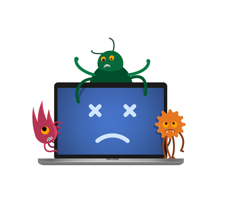 Dead personal computer due to virus attack vector illustration. Fatal error on laptop.のイラスト素材