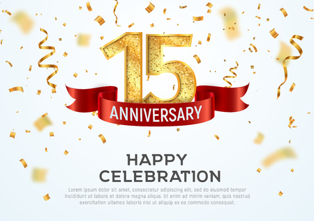 15 years anniversary banner template. Fifteenth year jubilee with red ribbon and confetti on white backgroundのイラスト素材