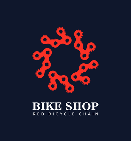 Red bicycle chain around the circle isolated vector logo on dark background. Logotype of bike parts shop. connected metal linksのイラスト素材