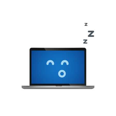Laptop on sleep mode vector illustration. Isolated notebook computer on white background. Sleeping emoji on blue screen of pc