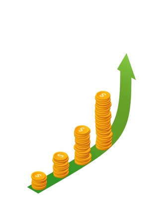 Money growth vector concept. Isometric stacks of coins on green arrow up.Isolated golden dollar chipsのイラスト素材