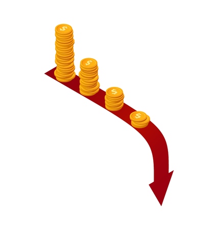 Money falls vector concept. Isometric stacks of coins on red arrow down. Financial crisis illustrationのイラスト素材