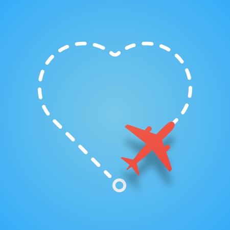 Airplane flying with dashed route like a heart. Vector red air plane flight on white route on blue background design elementのイラスト素材