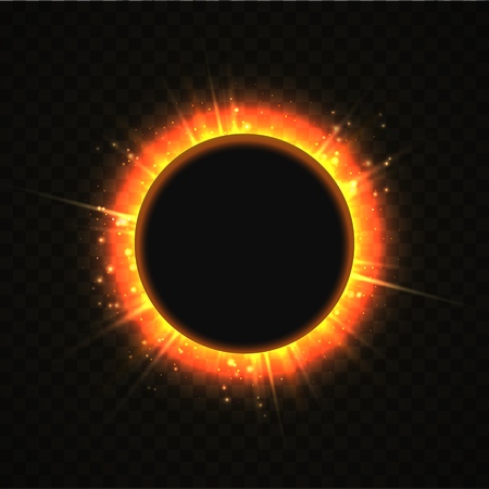Vector illustration of solar Eclipse. Blackhole and explosion sunny rays on transparent background....
