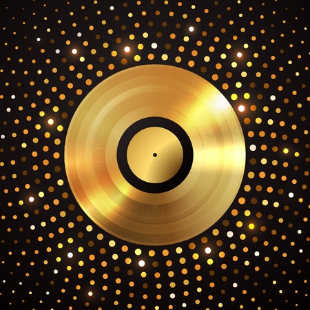 Golden vinyl disc on abstract gold halftone circle background. Music disco party shiny luxury banner.のイラスト素材
