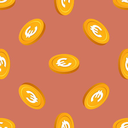 Fallinf gold coins vector seamless pattern. Isometric golden euro chips on green background.のイラスト素材