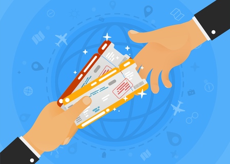 Handing two airline tickets with infographic around and globe on blue background. Two flat hands business vector illustration. Booking office for the sale of ticketのイラスト素材