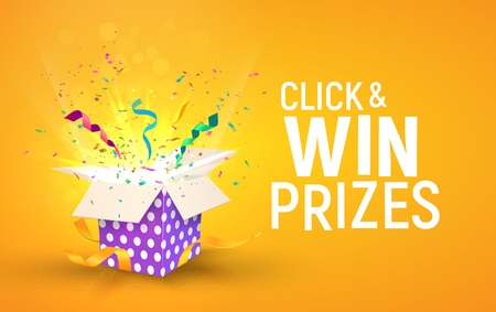 Open brigh textured box with confetti explosion inside and Click and win prizes text. Flying particles from giftbox vector illustration on yellow backgroundのイラスト素材