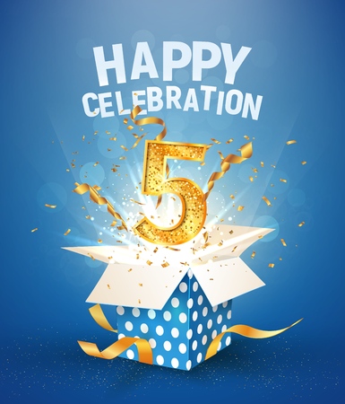 5 th years anniversary and open gift box with explosions confetti. Template five birthday celebration on blue background vector Illustrationのイラスト素材