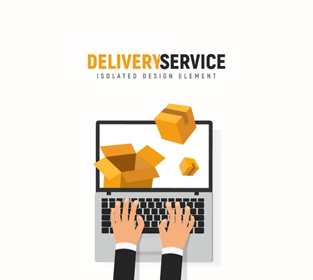 Tracking parcel online service. Laptop, hands and boxes vector isolated design element on white background. Delivery servicesのイラスト素材