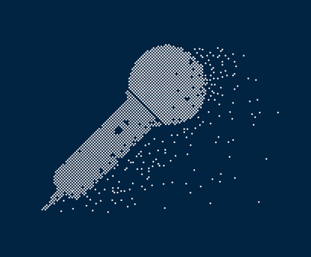 Microphone with particles on dark background. Isolated pixel mike. Vector illustrationのイラスト素材