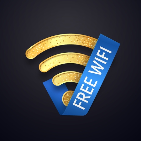 Isolated golden wifi vector icon with blue ribbon . Gold free wi fi wireless symbol.のイラスト素材