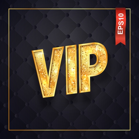 Gold VIP text isolated vector on dark quilted background. Very important person golden decorative abbreviatureのイラスト素材
