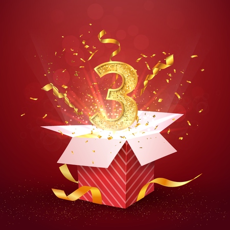 3 rd year number anniversary and open gift box with explosions confetti isolated design element. Template three third birthday celebration on red background vector Illustration.のイラスト素材
