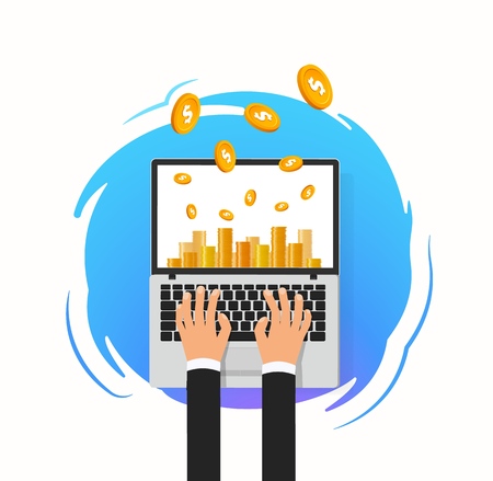 Online income, winnings, remote earning vector design concept. Money falling down in to laptop isolated illustrationのイラスト素材