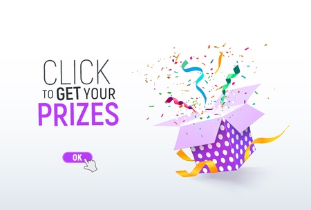 Click to get your prizes open textured purple box with confetti explosion inside. Flying particles from giftbox vector illustration on light background. Winning illustration templateのイラスト素材