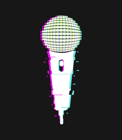 Microphone glitch effect vector isolated single object. Mic icon with distortion and light aberrationのイラスト素材