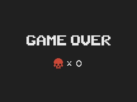 Game over text and red skull vector illustration. Retro video game design element on dark backgroundのイラスト素材