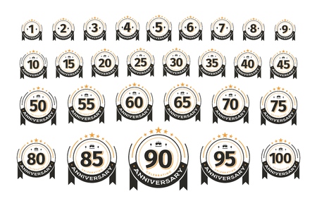 Vintage badges set of birthday template. Collection of anniversary circles retro isolated vector emblemのイラスト素材