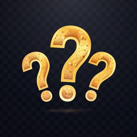Tree Golden questions sign on dark transparent background. Set of vector icon of query mark.のイラスト素材