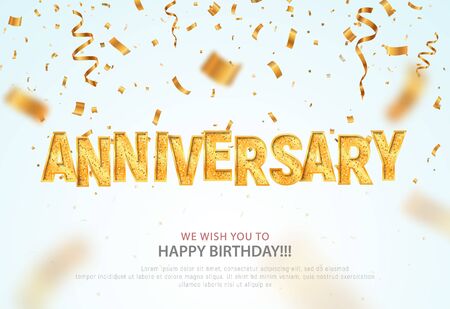 Golden anniversary word and falling down confetti vector banner template. Birthday or jubilee vector banner on light background.のイラスト素材