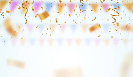 Golden flying blur confetti on light background . Falling down ticker tapes with blurred motion effect vector illustration.のイラスト素材