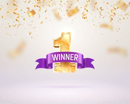 First place competition vector illustration. Template of victory in the championship. Winner golden number one with purple ribbon on falling down confetti backgroundのイラスト素材