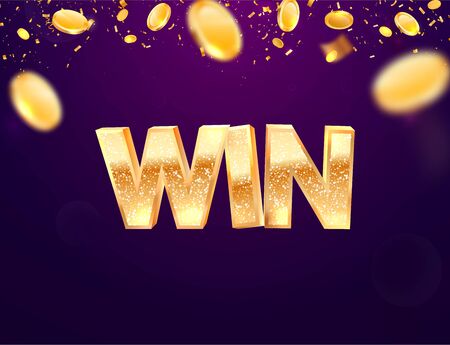 Celebration of win on falling down coin and confetti background. Winning vector illustration. Golden textured Win wordのイラスト素材