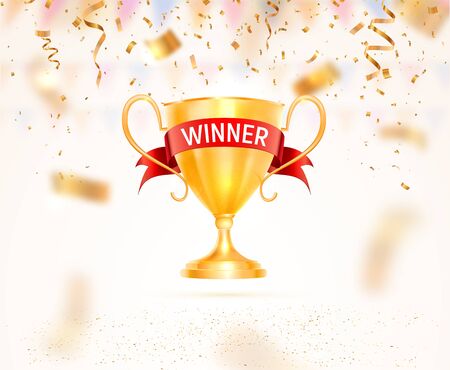 Golden cup trophy with red ribbon and winner text vector illustration. Sports high award on light background with falling down confettiのイラスト素材