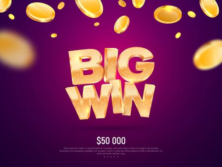 Big win gold sign vector banner for gambling template. Illustration for casino or online games. Falling down coins on dark background with blur motion effect.のイラスト素材