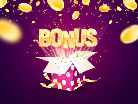 Bonus word flying from textured gift box and purple background. Winning prize vector illustration with falling down coinsのイラスト素材
