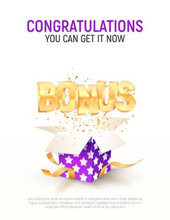Bonus word flying from purple gift box on white background. Winning prize vector posterのイラスト素材