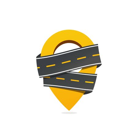 Geotag sign with asphalt road vector icon. Get taxi vector icon. Moving logoのイラスト素材