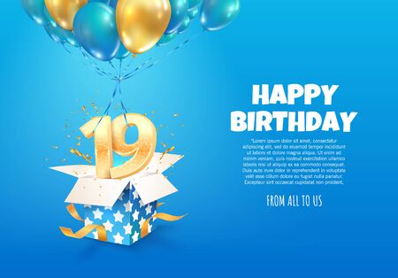 Celebrating of 19 th years birthday vector illustration. Nineteen anniversary celebration. Teenage birth day. Open gift box with numbers one and nine flying on balloonsのイラスト素材